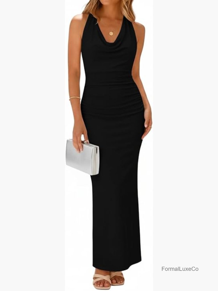 Elegant Cowl Neck Backless Maxi Dress With Slit